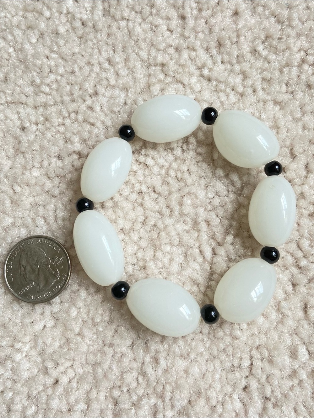 White Jade Beaded Bracelet with Black Accent Beads • Stretch Bracelet